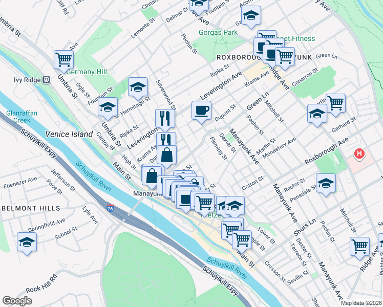 map of restaurants, bars, coffee shops, grocery stores, and more near Green Ln & Silverwood St in Philadelphia