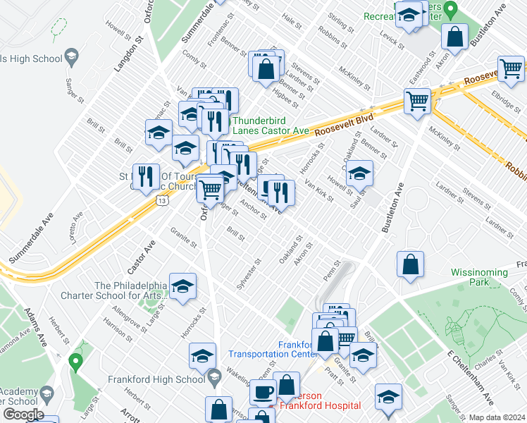 map of restaurants, bars, coffee shops, grocery stores, and more near 1157 Anchor Street in Philadelphia