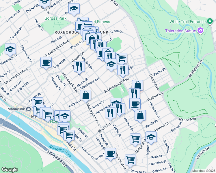 map of restaurants, bars, coffee shops, grocery stores, and more near 4307 Mitchell Street in Philadelphia