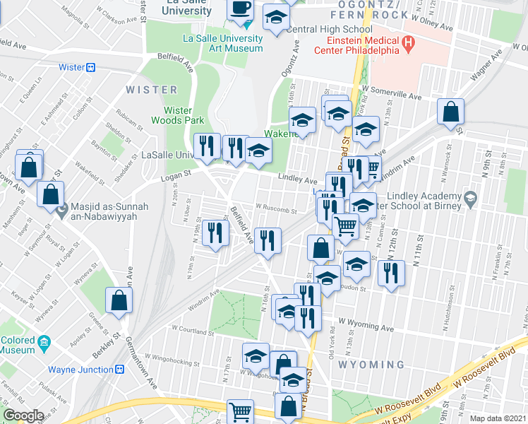 map of restaurants, bars, coffee shops, grocery stores, and more near 1618 West Ruscomb Street in Philadelphia