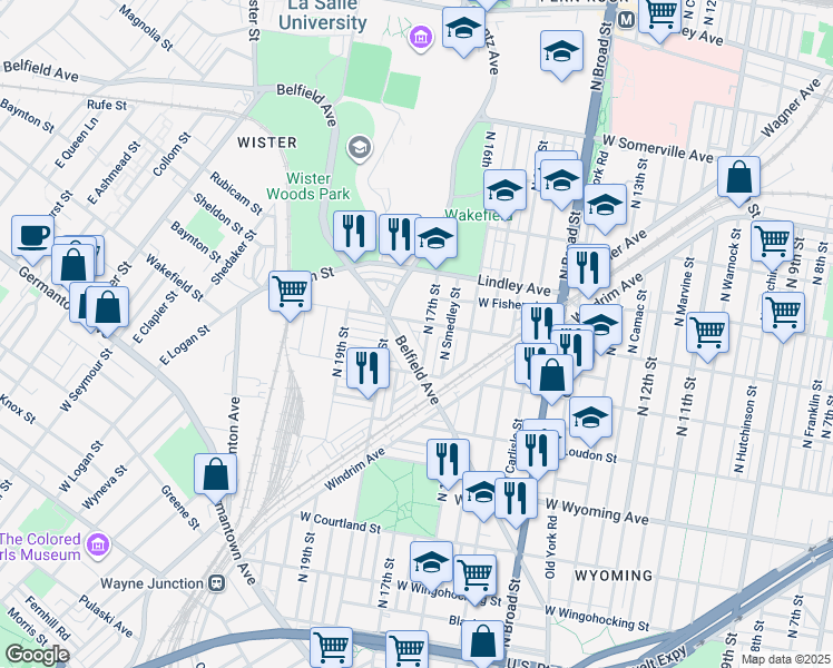 map of restaurants, bars, coffee shops, grocery stores, and more near 4930 North 17th Street in Philadelphia