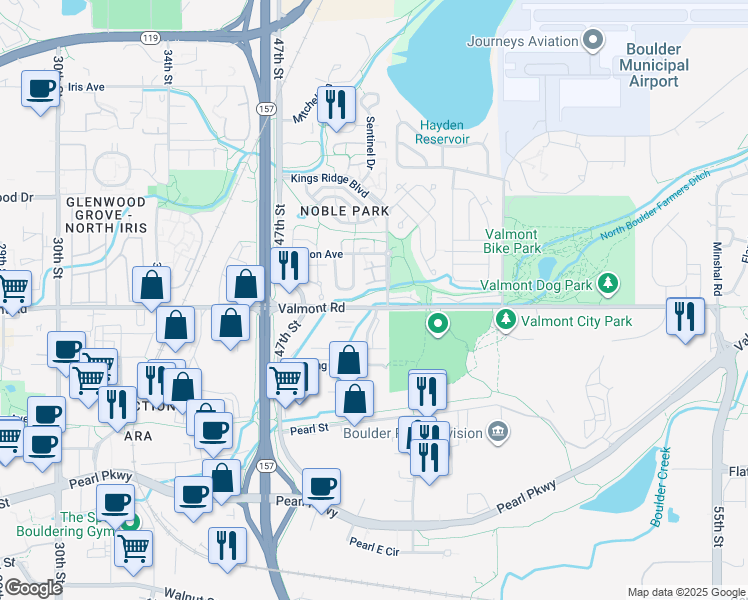 map of restaurants, bars, coffee shops, grocery stores, and more near 3045 Kings Ridge Boulevard in Boulder