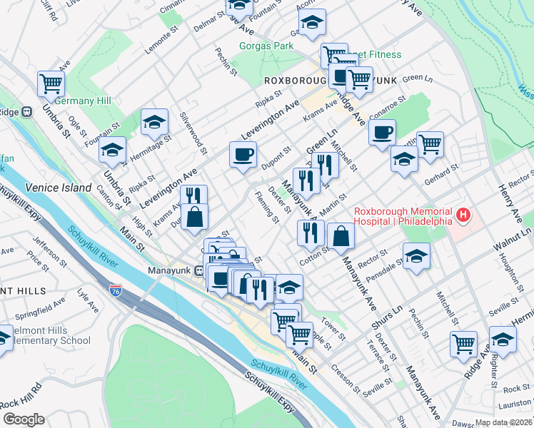 map of restaurants, bars, coffee shops, grocery stores, and more near 4444 Fleming Street in Philadelphia