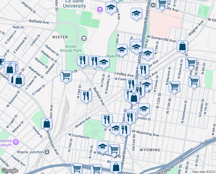 map of restaurants, bars, coffee shops, grocery stores, and more near 4933 North 17th Street in Philadelphia