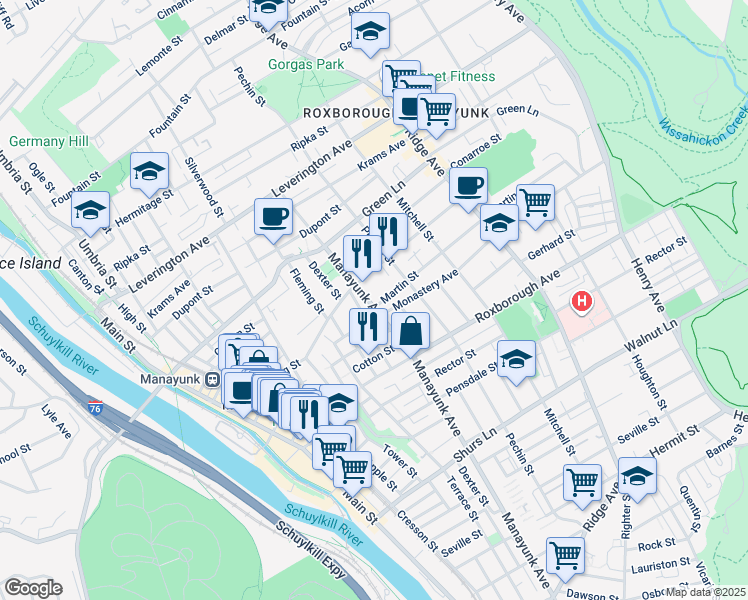 map of restaurants, bars, coffee shops, grocery stores, and more near 4371 Manayunk Avenue in Philadelphia