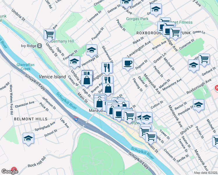 map of restaurants, bars, coffee shops, grocery stores, and more near 4535 Wilde Street in Philadelphia