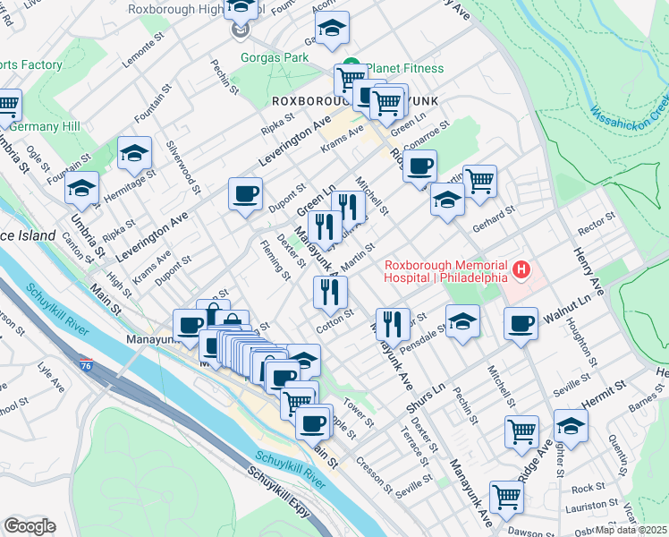map of restaurants, bars, coffee shops, grocery stores, and more near 4371 Manayunk Avenue in Philadelphia