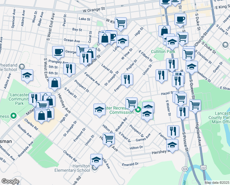 map of restaurants, bars, coffee shops, grocery stores, and more near 758 Fremont Street in Lancaster