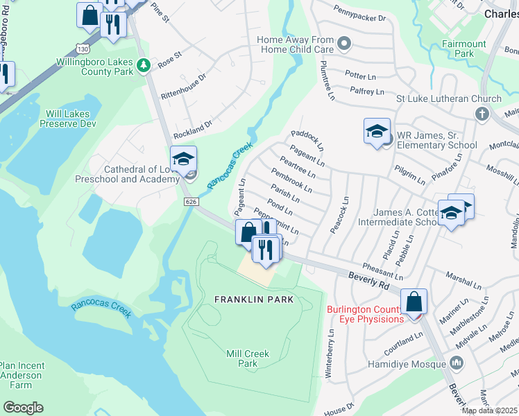 map of restaurants, bars, coffee shops, grocery stores, and more near 15 Peppermint Lane in Willingboro
