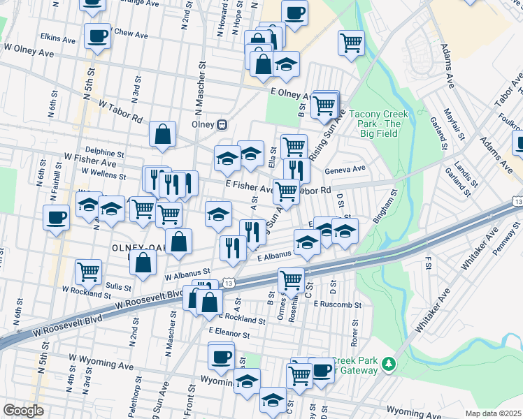 map of restaurants, bars, coffee shops, grocery stores, and more near 214 East Wellens Street in Philadelphia