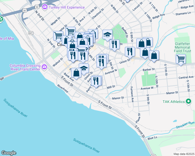 map of restaurants, bars, coffee shops, grocery stores, and more near 306 Perry Street in Columbia