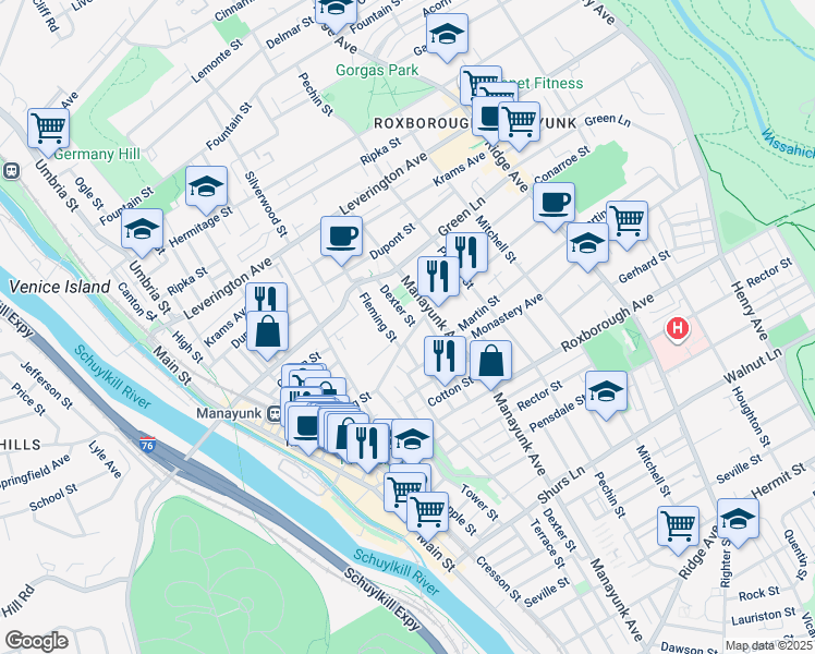 map of restaurants, bars, coffee shops, grocery stores, and more near 4402 Dexter Street in Philadelphia