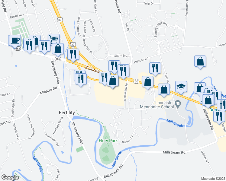 map of restaurants, bars, coffee shops, grocery stores, and more near 2090 Lincoln Highway East in Lancaster