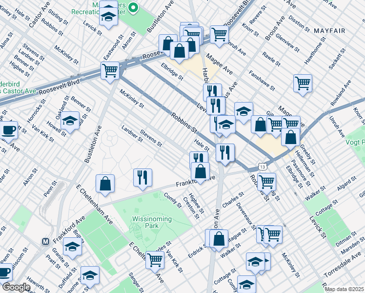 map of restaurants, bars, coffee shops, grocery stores, and more near 6203 Mershon Street in Philadelphia