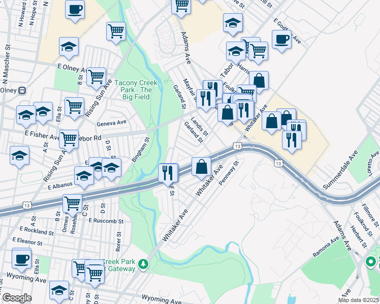 map of restaurants, bars, coffee shops, grocery stores, and more near 777 Smylie Road in Philadelphia