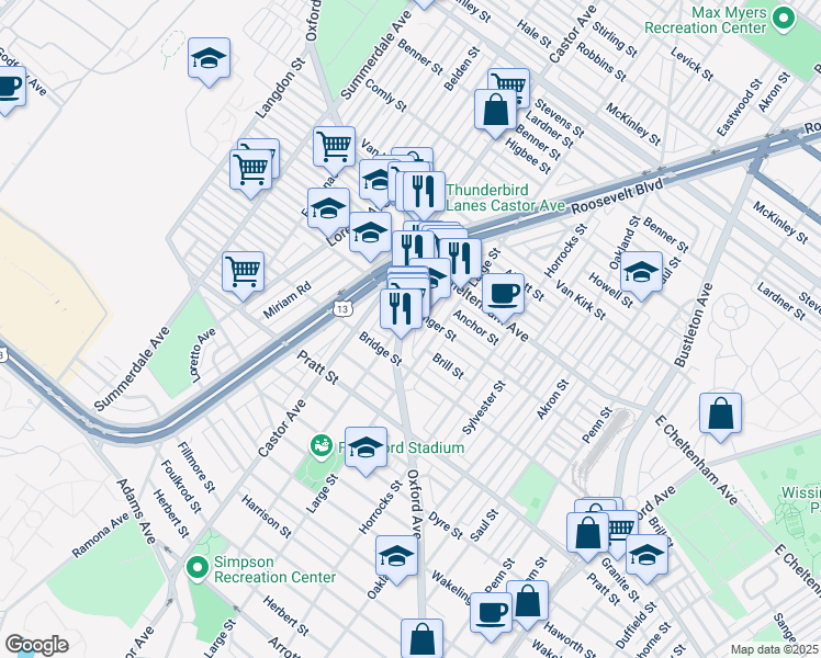 map of restaurants, bars, coffee shops, grocery stores, and more near 5349 Oxford Avenue in Philadelphia