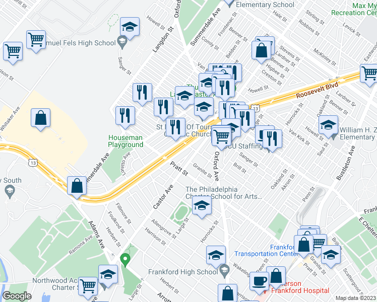 map of restaurants, bars, coffee shops, grocery stores, and more near 5259 Roosevelt Boulevard in Philadelphia