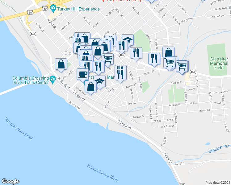 map of restaurants, bars, coffee shops, grocery stores, and more near 306 Perry Street in Columbia