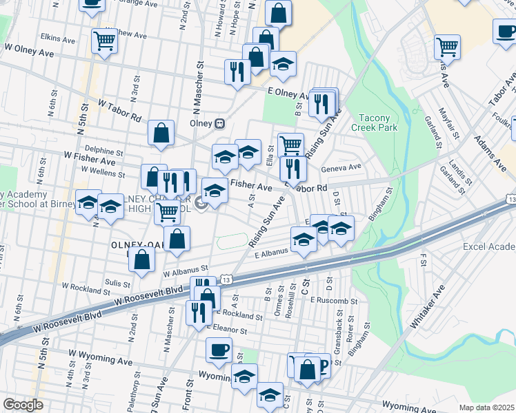 map of restaurants, bars, coffee shops, grocery stores, and more near 212 East Wellens Street in Philadelphia