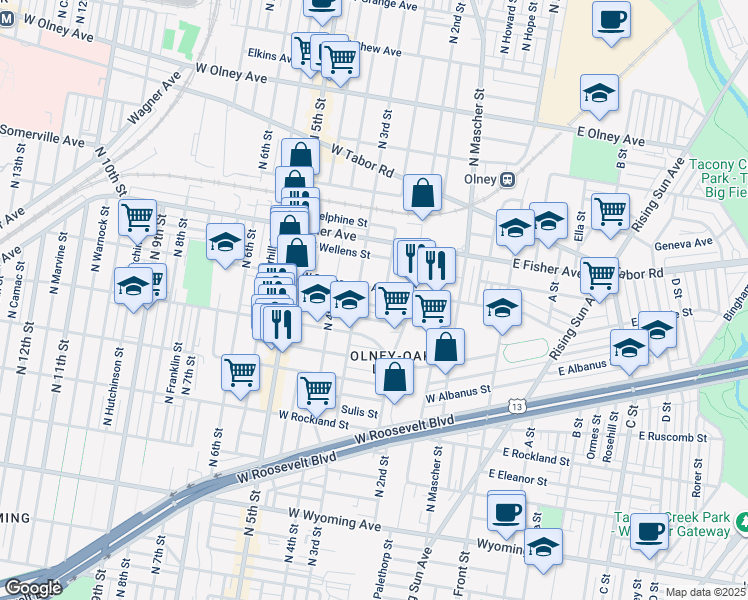 map of restaurants, bars, coffee shops, grocery stores, and more near 257 Rubicam Street in Philadelphia