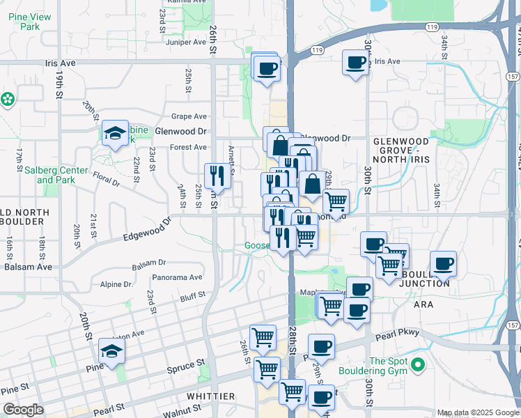 map of restaurants, bars, coffee shops, grocery stores, and more near 2700 Valmont Road in Boulder