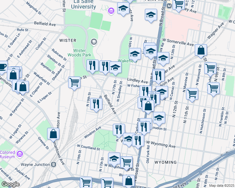map of restaurants, bars, coffee shops, grocery stores, and more near 1618 West Ruscomb Street in Philadelphia