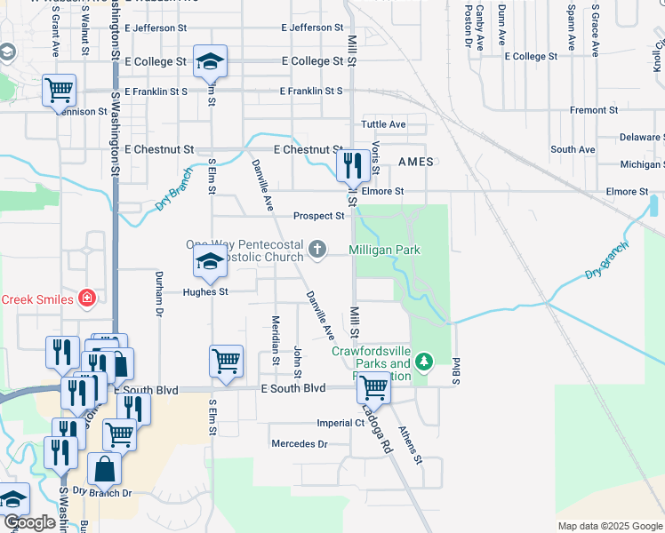 map of restaurants, bars, coffee shops, grocery stores, and more near 1121 Mill Street in Crawfordsville