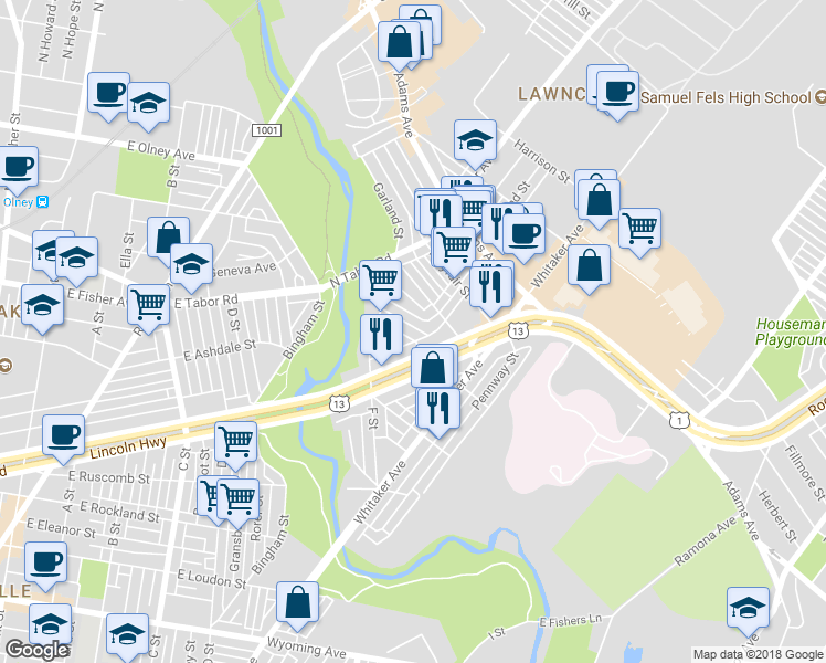 map of restaurants, bars, coffee shops, grocery stores, and more near 777 Smylie Road in Philadelphia