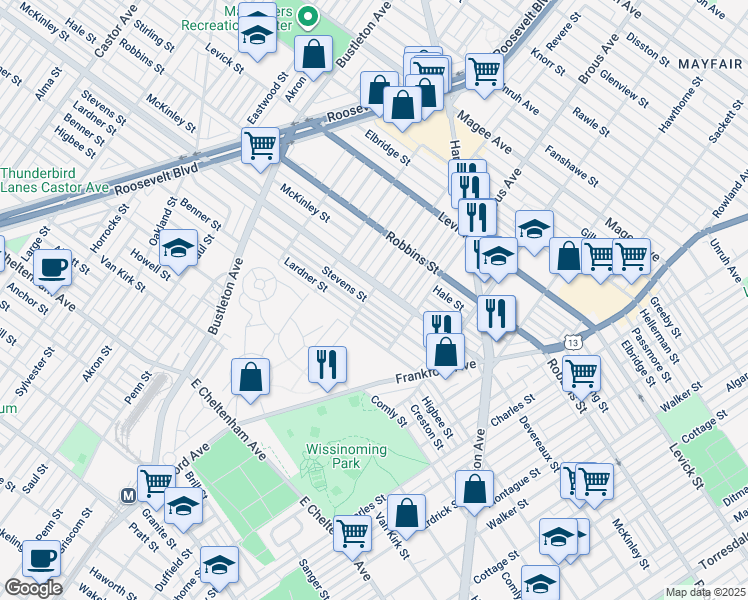 map of restaurants, bars, coffee shops, grocery stores, and more near 2805 Stevens Street in Philadelphia
