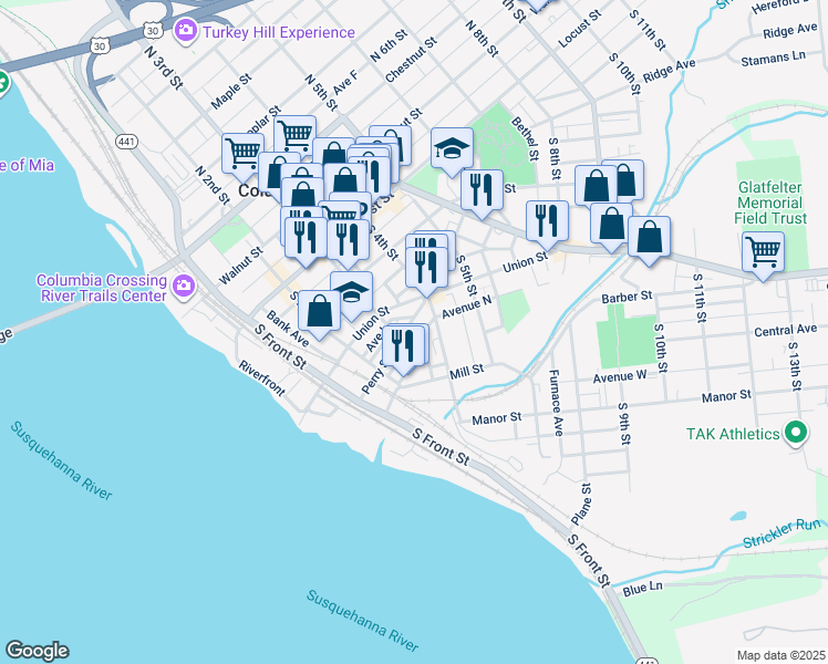 map of restaurants, bars, coffee shops, grocery stores, and more near 312 Perry Street in Columbia