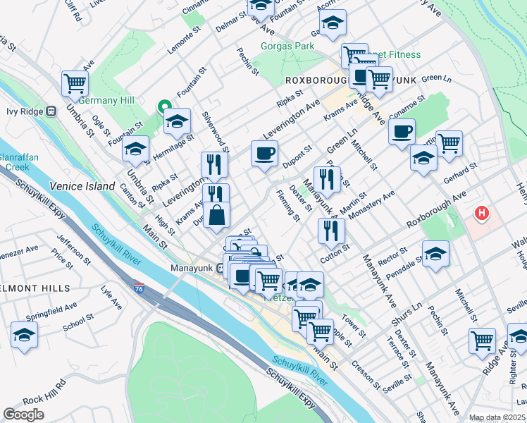 map of restaurants, bars, coffee shops, grocery stores, and more near 327 Carson Street in Philadelphia