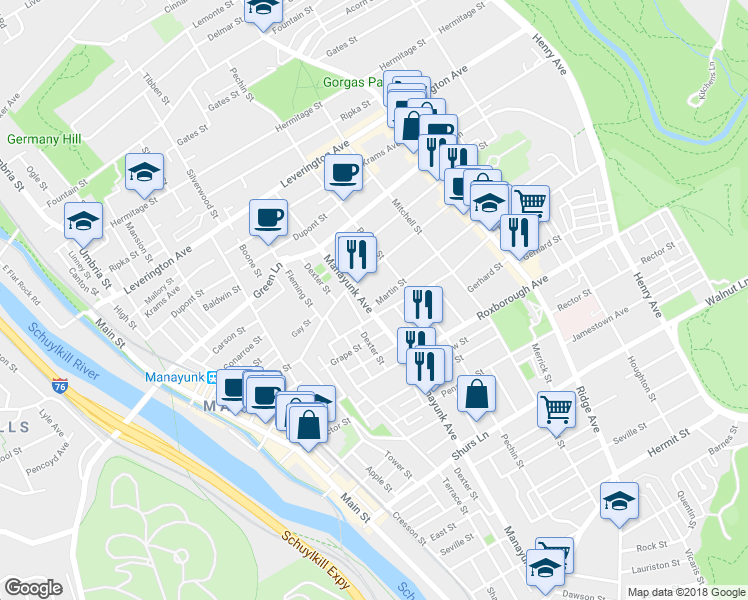 map of restaurants, bars, coffee shops, grocery stores, and more near 352 Martin Street in Philadelphia