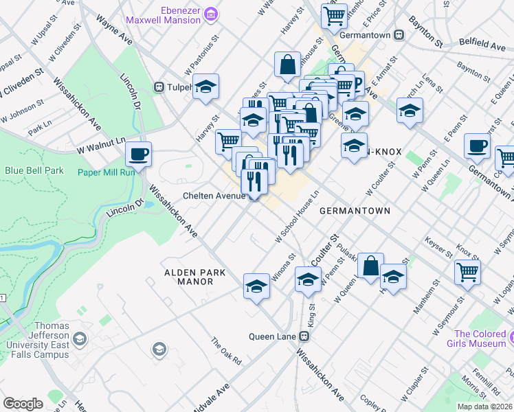 map of restaurants, bars, coffee shops, grocery stores, and more near 5535 Morris Street in Philadelphia