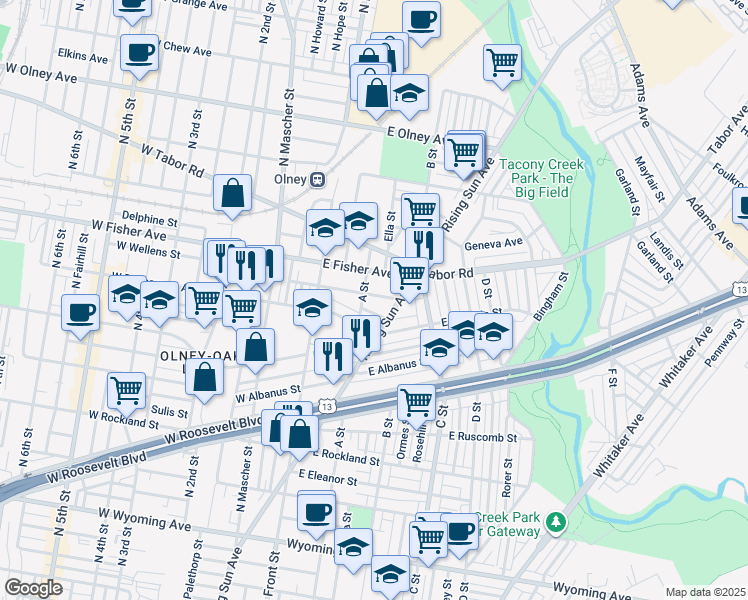 map of restaurants, bars, coffee shops, grocery stores, and more near 214 East Wellens Street in Philadelphia