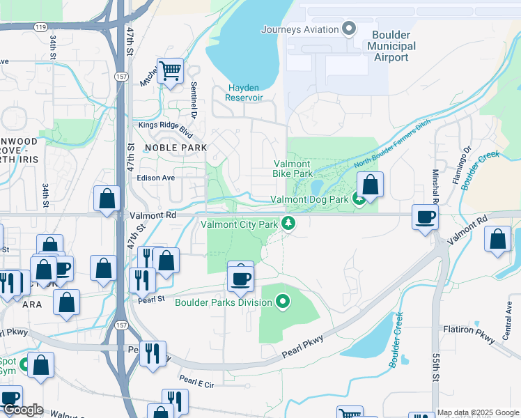 map of restaurants, bars, coffee shops, grocery stores, and more near 5083 Valmont Road in Boulder