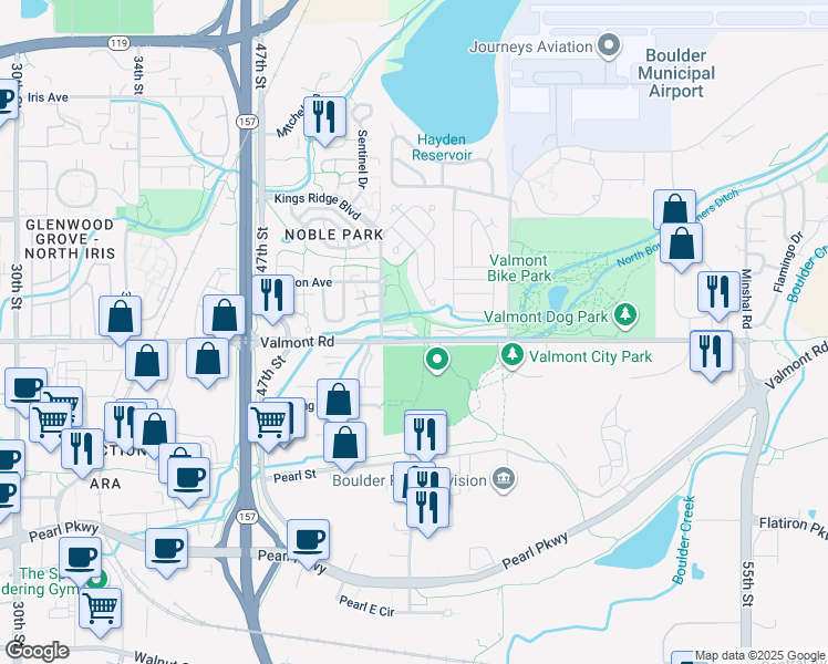 map of restaurants, bars, coffee shops, grocery stores, and more near 4987 Noble Park Place in Boulder