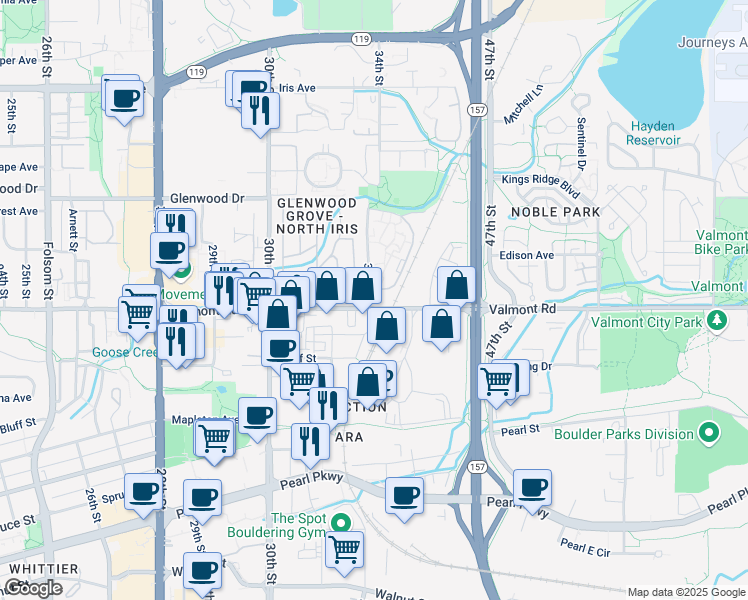 map of restaurants, bars, coffee shops, grocery stores, and more near 3400 Valmont Road in Boulder