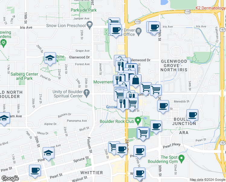 map of restaurants, bars, coffee shops, grocery stores, and more near 2700 Valmont Road in Boulder