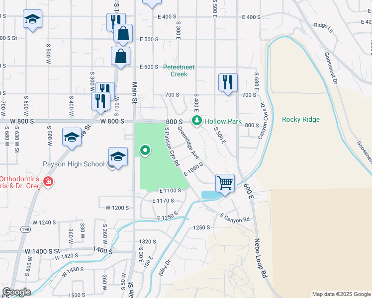 map of restaurants, bars, coffee shops, grocery stores, and more near 364 East 950 South in Payson