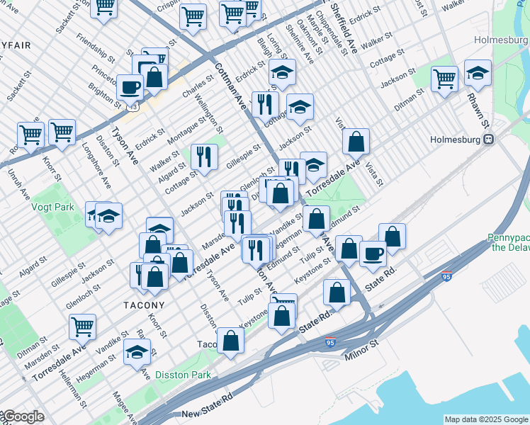 map of restaurants, bars, coffee shops, grocery stores, and more near 7150 Torresdale Avenue in Philadelphia