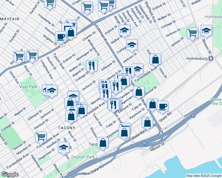 map of restaurants, bars, coffee shops, grocery stores, and more near 7108 Marsden Street in Philadelphia
