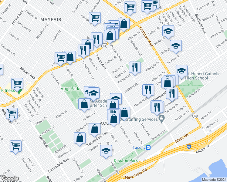 map of restaurants, bars, coffee shops, grocery stores, and more near 6944 Jackson Street in Philadelphia