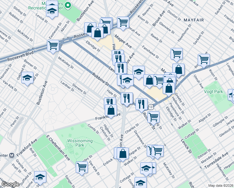 map of restaurants, bars, coffee shops, grocery stores, and more near 6214 Harbison Avenue in Philadelphia