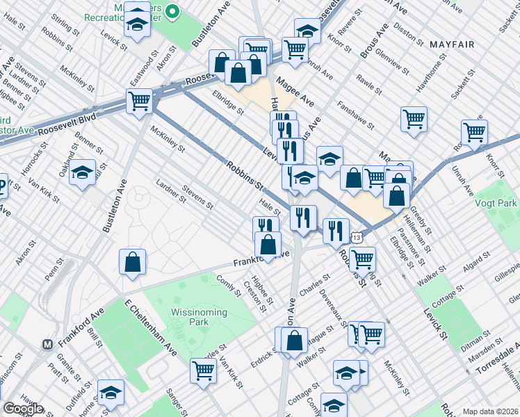 map of restaurants, bars, coffee shops, grocery stores, and more near 2930 McKinley Street in Philadelphia