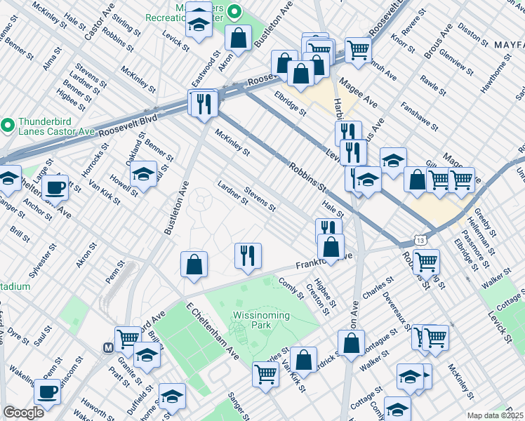 map of restaurants, bars, coffee shops, grocery stores, and more near 2741 Lardner Street in Philadelphia