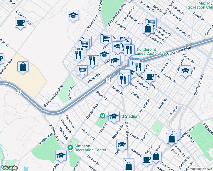 map of restaurants, bars, coffee shops, grocery stores, and more near 5261 East Roosevelt Boulevard in Philadelphia