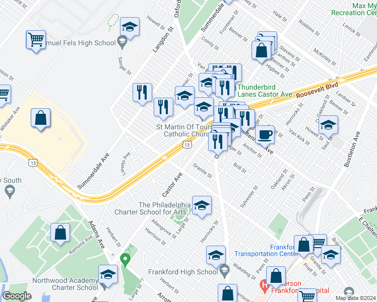 map of restaurants, bars, coffee shops, grocery stores, and more near 5237 Castor Avenue in Philadelphia