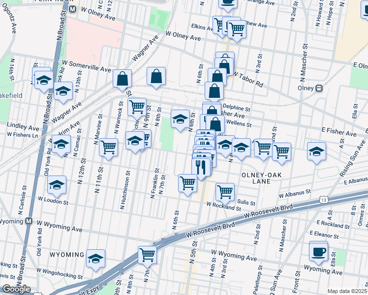 map of restaurants, bars, coffee shops, grocery stores, and more near 622 Lindley Avenue in Philadelphia