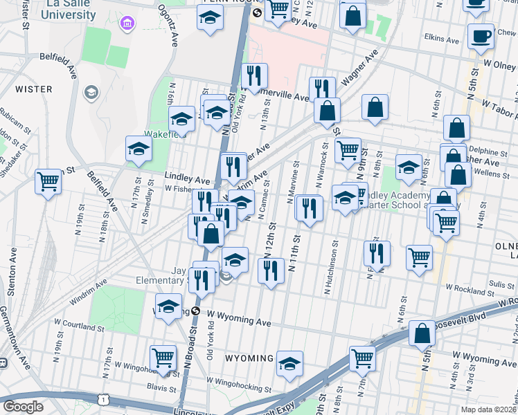 map of restaurants, bars, coffee shops, grocery stores, and more near 5014 North Camac Street in Philadelphia