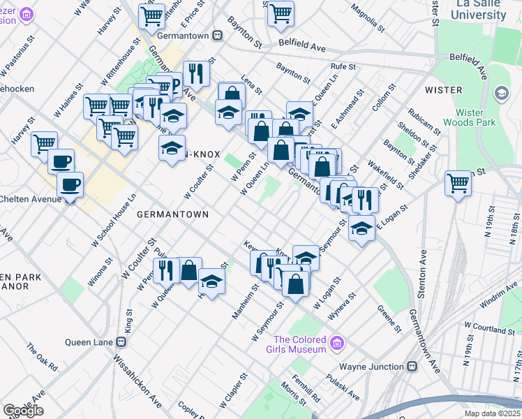 map of restaurants, bars, coffee shops, grocery stores, and more near 127 Hansberry Street in Philadelphia
